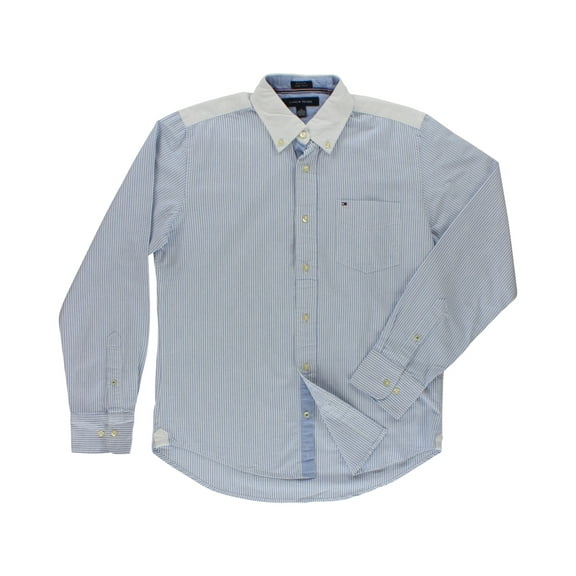 Tommy Hilfiger Men's Collar Striped Button Down Light Blue/White Size L, Color: Blue