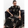 thumbnail image 3 of Black Floral Maxi Dress With Puff Sleeve, Pleated High Neck Chiffon For Spring Summer, 3 of 6