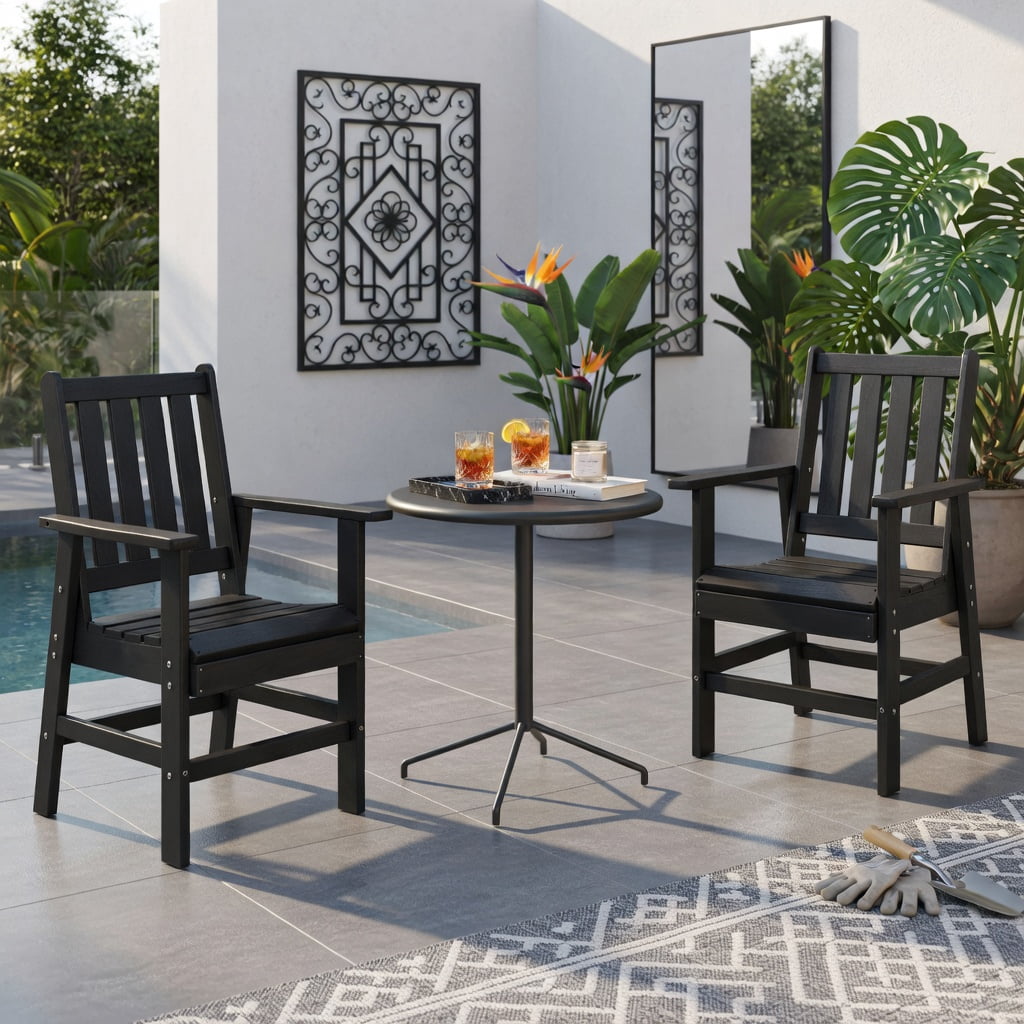 Hommoo 2-Pack HDPE Outdoor Dining Chairs with Wide Armrests, Rustic Wood-Look Patio Seating, All-Weather Durable, Black