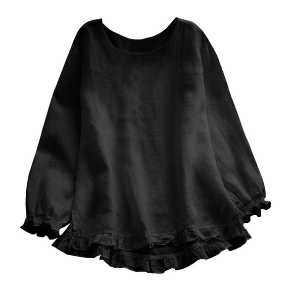 Women's Elegant Long Sleeve T-Shirt Round Neck Loose Fit Irregular Frill Detail Solid Color Casual Top Comfortable Stretchy Fabric