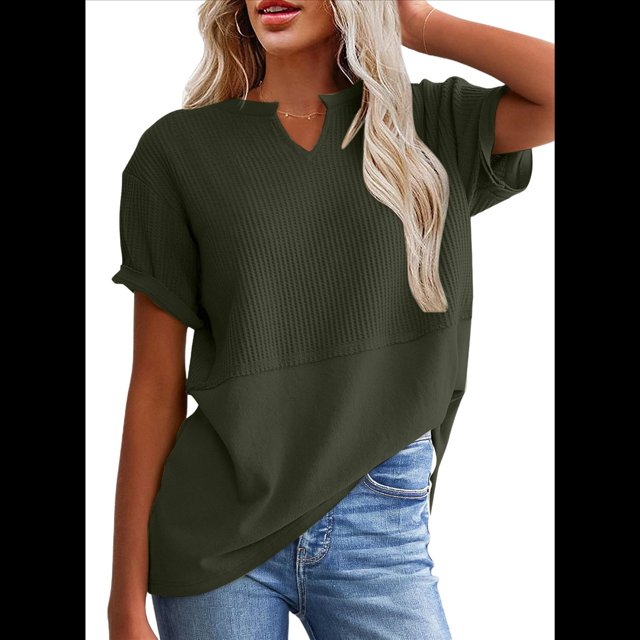 Blusas Casuales de Punto Gofre con Cuello en V para Mujer, Camisetas de Corta, Blusas Holgadas Verde XL