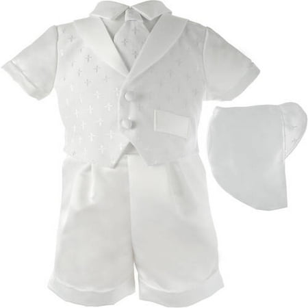 Christening Baptism Newborn Baby Boy Special Occasion 3 Pc Cotton Cross Dobby Vest w/ Satin Boxer Shorts & Hat