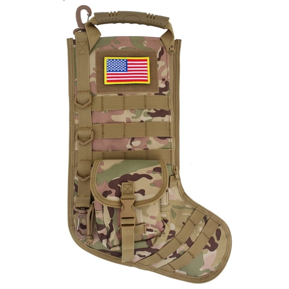 SPEED TRACK Tactical Christmas Stocking, with Flag Patch MOLLE Webbing, Zip Pocket, MOLLE Clips, Gift for Veterans Military Patriotic and Outdoorsy People, (Khaki Camouflage)