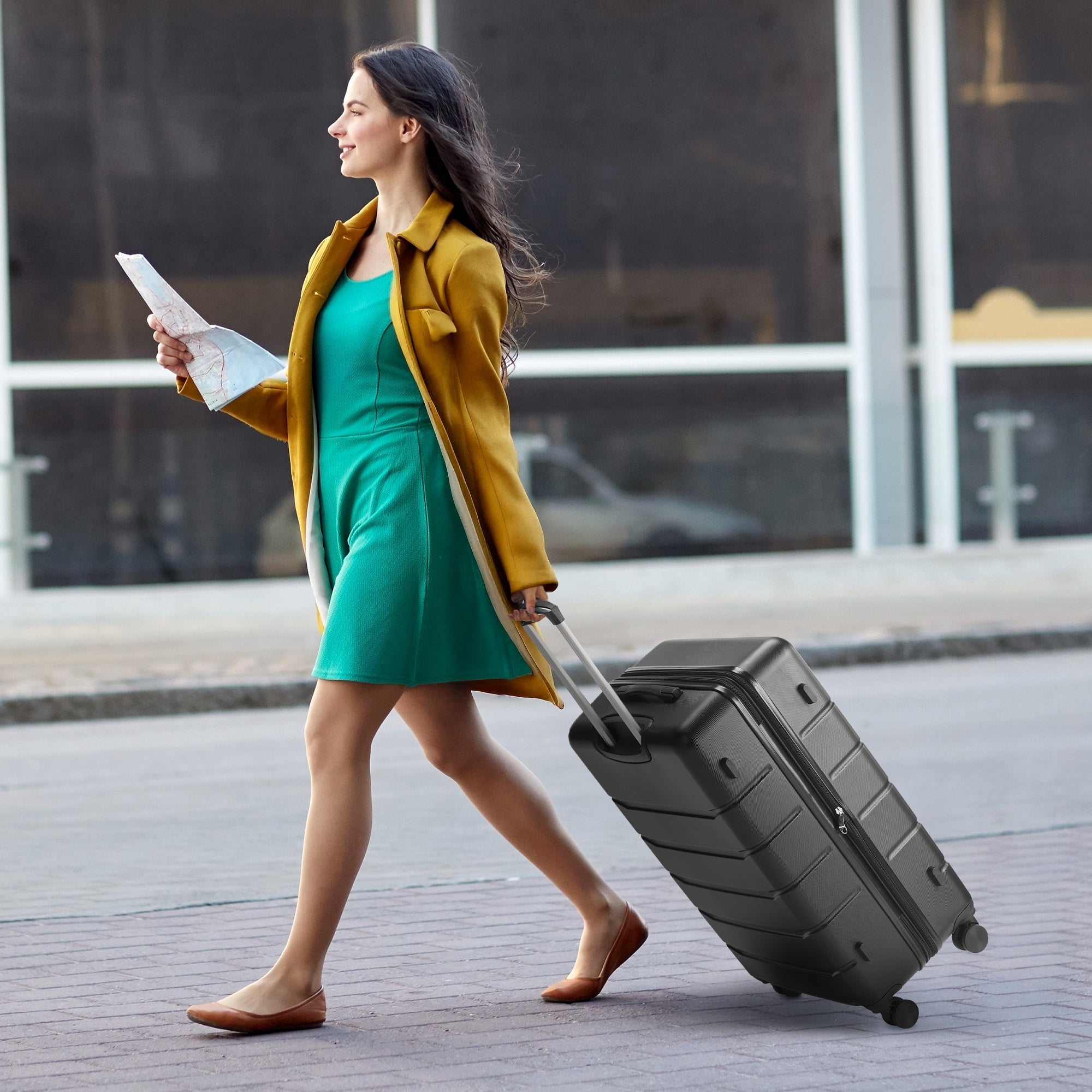 MCQ 24 Inch Hardside Expandable Luggage with Spinner Wheels, Checked-Medium Lightweight Expandable Rolling Luggage with TSA Lock, Black