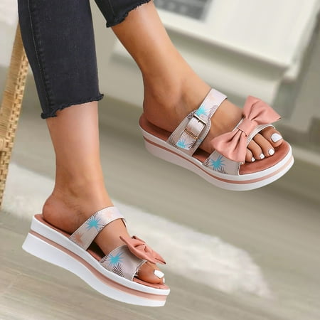 

uikmnh Women Shoes Fashion Summer Print Cloth Bow Wedge Platform Sandals And Slippers Pink 7.5