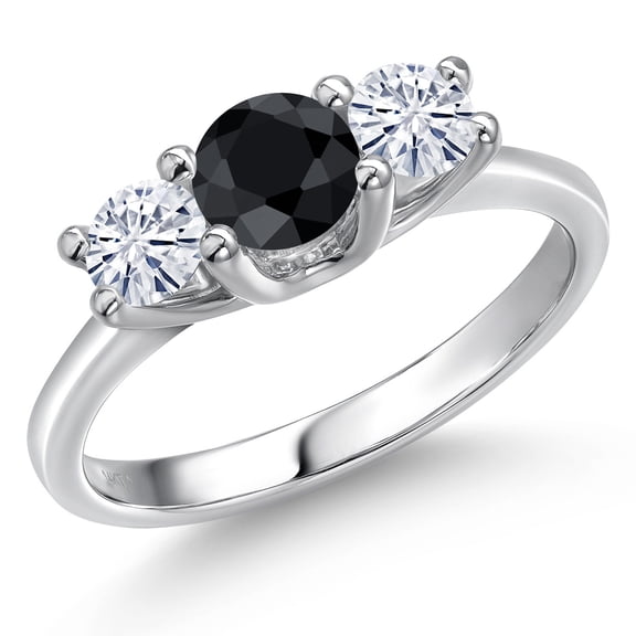 Gem Stone King 14K White Gold Black Sapphire & White Moissanite 3-Stone Engagement Ring | 1.15 Cttw | Round 5MM and 4MM | Three Stone Wedding Anniversary Promise Ring for Women (Size 9)