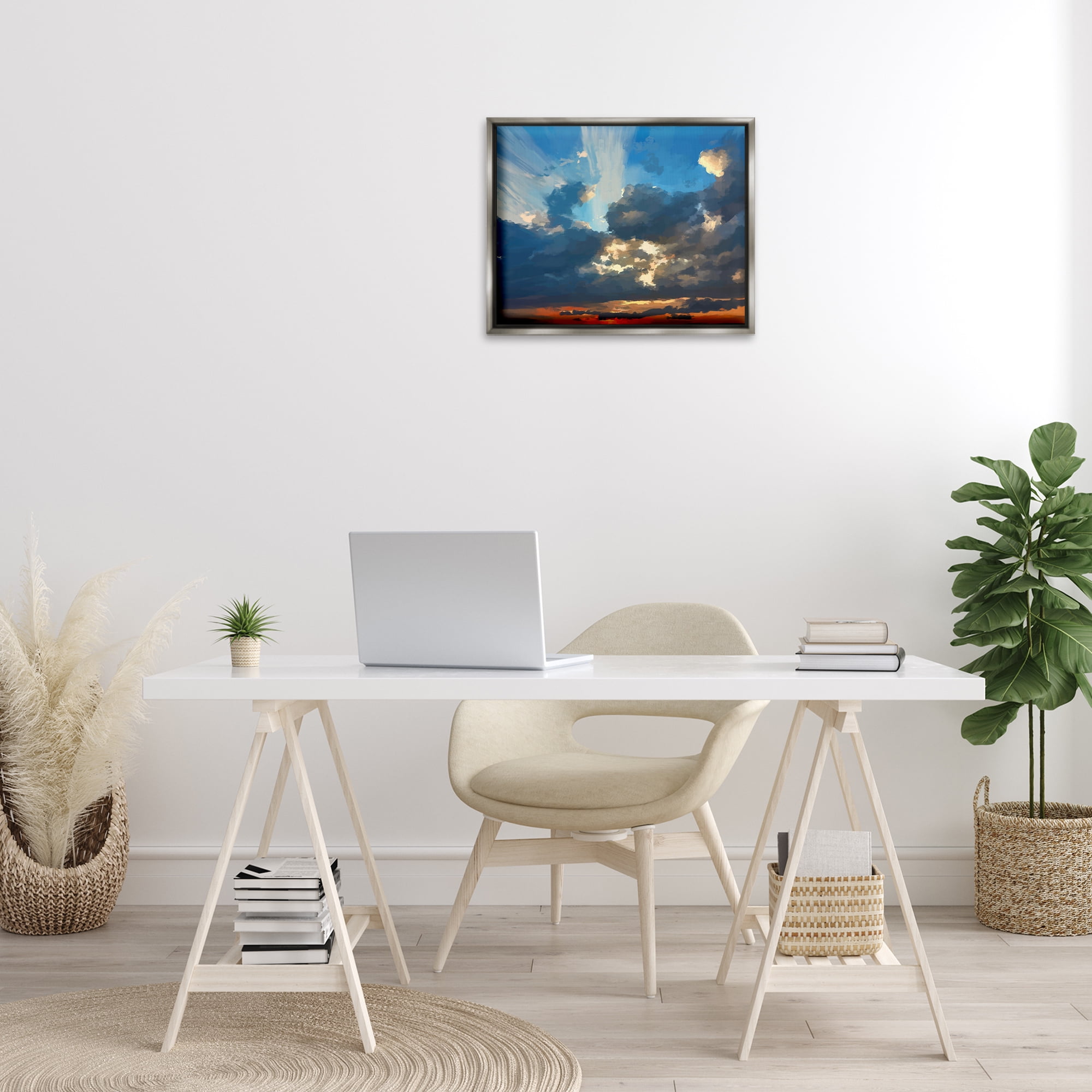Stupell Industries Sun Rays Through Clouds Landscape & Nature Painting Gray Floater Framed Canvas Art Print Wall Art, 21 x 17
