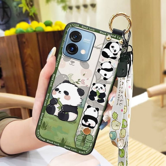 KBS-Phone Case For MOTO G Stylus 5G 2023, Anti-knock Cartoon Lanyard Phone Holder Soft case Dirt-resistant Silicone Durable Fashion Design Wristband Anti-dust Kickstand Back Cover Panda