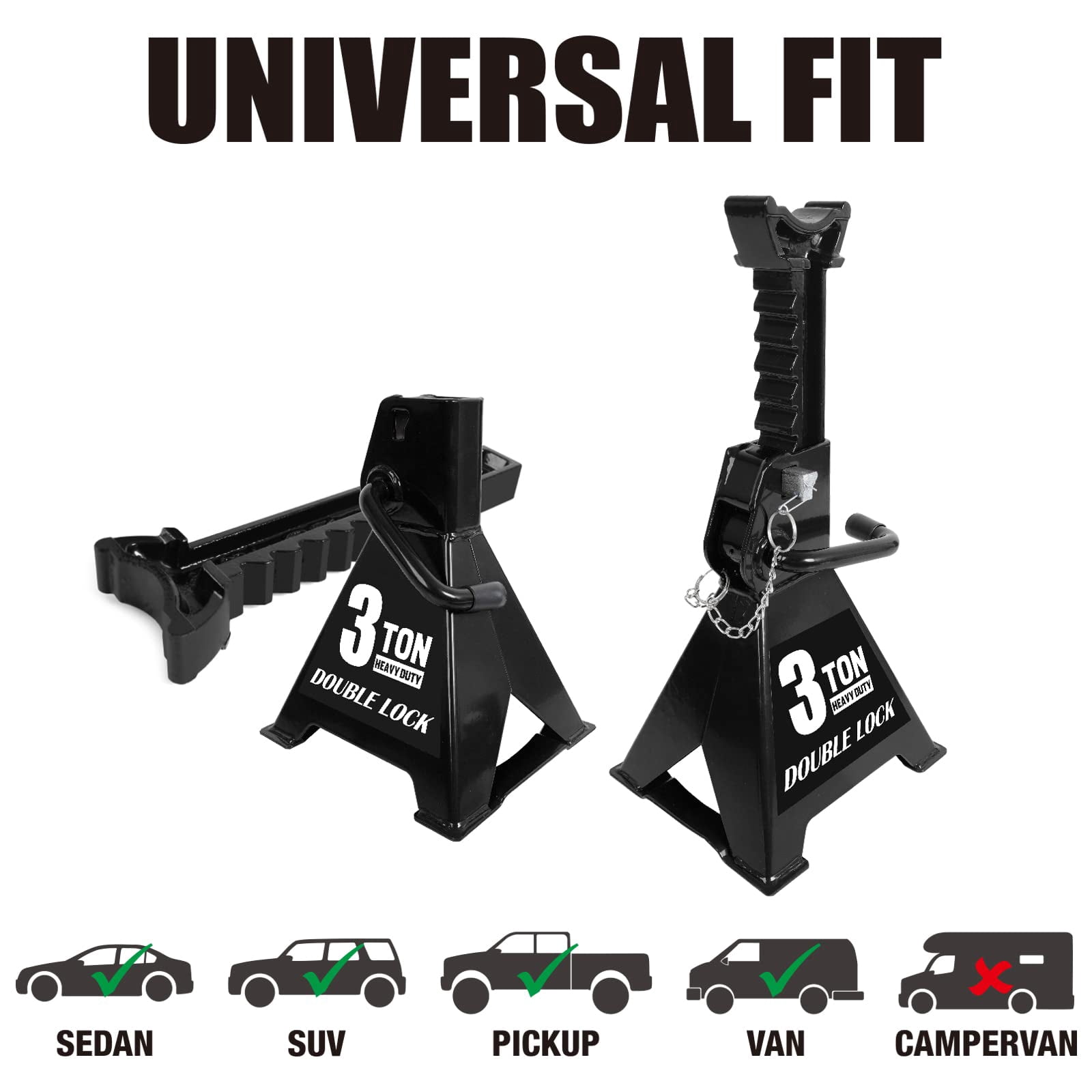 BLACK JACK Steel Heavy Duty Jack Stands: Double Locking Pins, 3 Ton (6,000 lb) Capacity, Black, 1 Pair