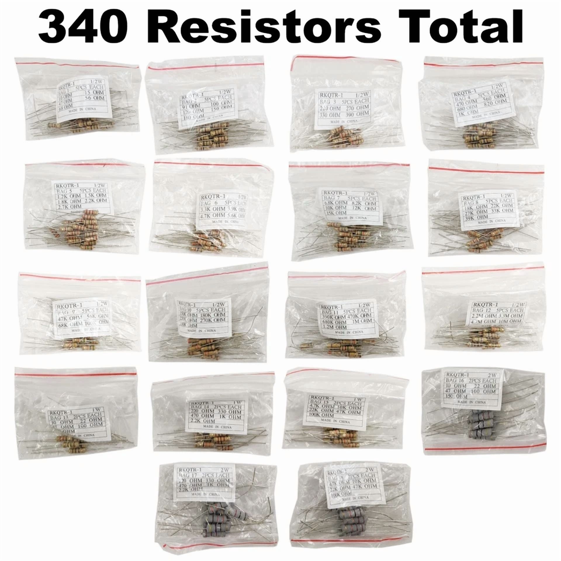 CIRCLE- 340 Piece Resistor Kit - Includes Assortment Of ½ Watt, 1W, And 2W Resistors