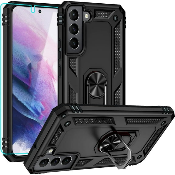 for Galaxy S22 Case,Samsung S22 Case with HD Screen Protector, [Military Grade] Ring Car Mount Kickstand Hybrid Hard PC Soft TPU Shockproof Protective Case for Samsung Galaxy S22 (Black)
