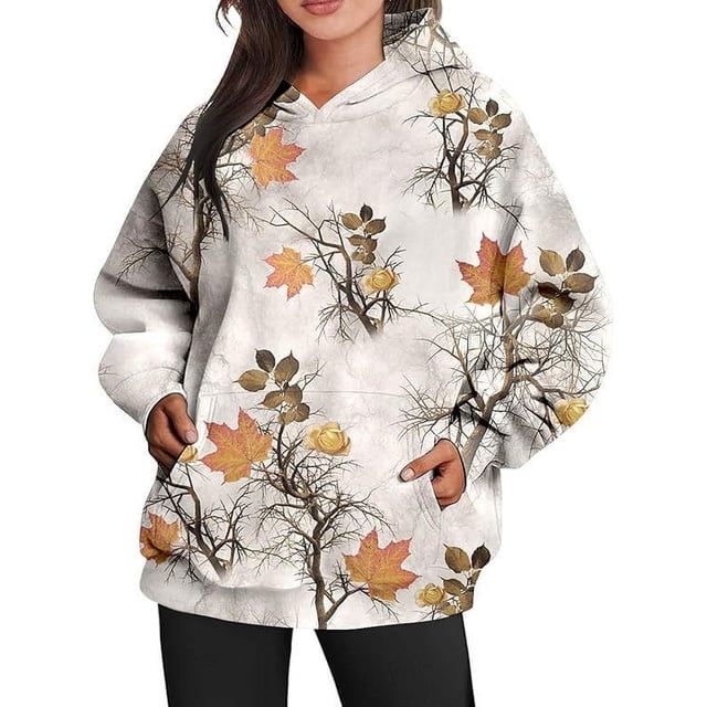 Sudadera con capucha deportiva de gran tamaño con estampado de hojas de arce y bolsillos para mujer nueva de otoño