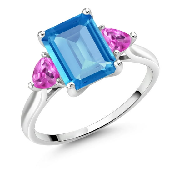 Gem Stone King 10K White Gold Swiss Blue Topaz and Pink Created Sapphire 3 Stone Engagement Ring for Women (3.10 Cttw, Emerald Cut 9X7MM, Gemstone November Birthstone, Size 5)