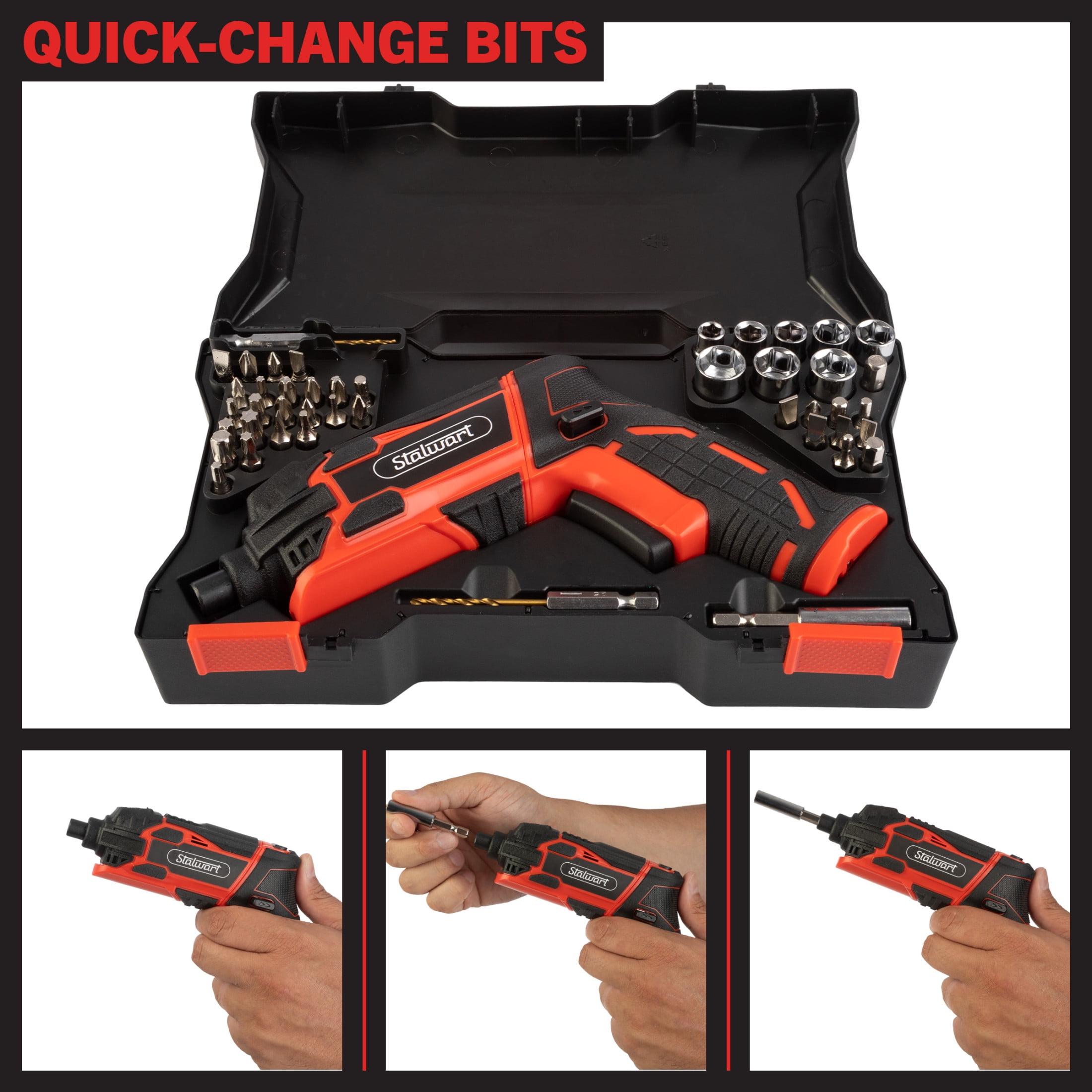 Stalwart Cordless Electric Screwdriver 45pc Set with 2 Position Grip, Red