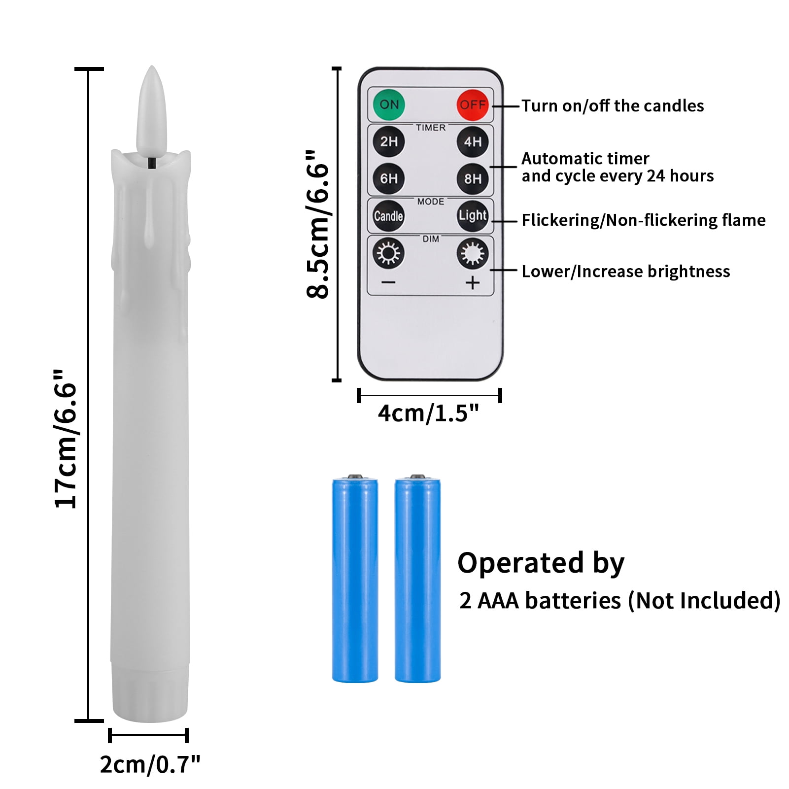 Debonair Flameless Taper Candles Flickering with Remote Timer, Battery Operated Led Warm 3D Wick Dripping-Wax Light Window White Fake Candlesticks with Holder, Christmas Home Wedding Decor(0.7X6.6)