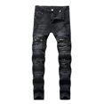 thumbnail image 1 of Men Jeans Denim High Street Ripped Knee Black Slim Stretch Pants, 1 of 1
