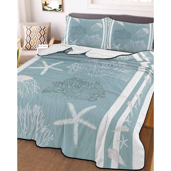 Blue Coastal King Size Down Alternative Comforter, Lightweight Comforter Quilt Bedding Set with Pillow Shams Nautical Beach Summer Sea Starfish Coral All Seasons Bed Comforter Duvet Insert 96"x106"