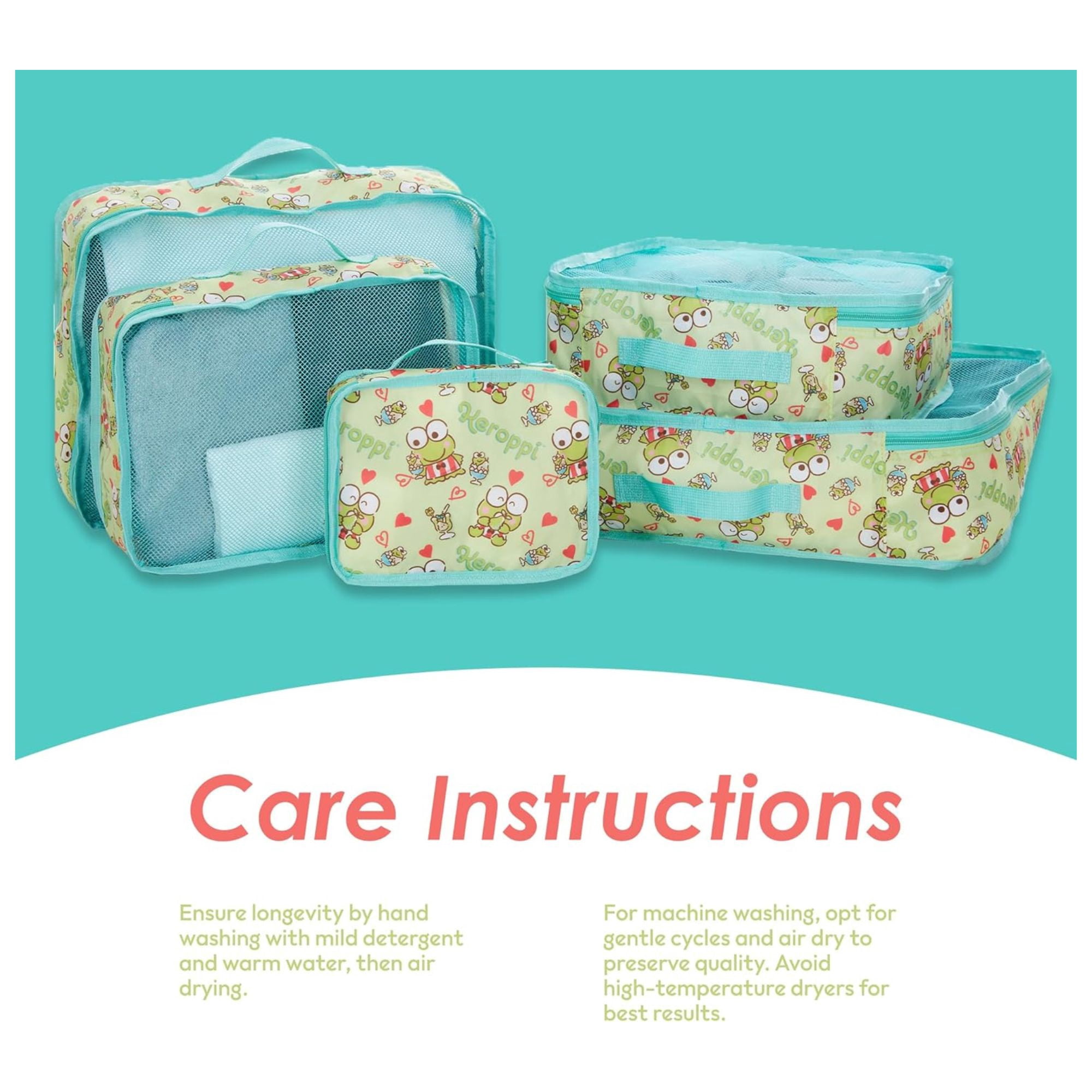 Sanrio Hello Kitty Kerropi Packing Cubes, 5 Piece Set Organizer Travel Essentials for Kids and Adult Green