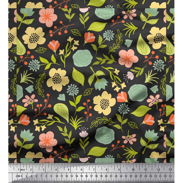 Soimoi Gray polyester Crepe Fabric Leaf Floral Decor Fabric Printed Yard 52 Inch Wide