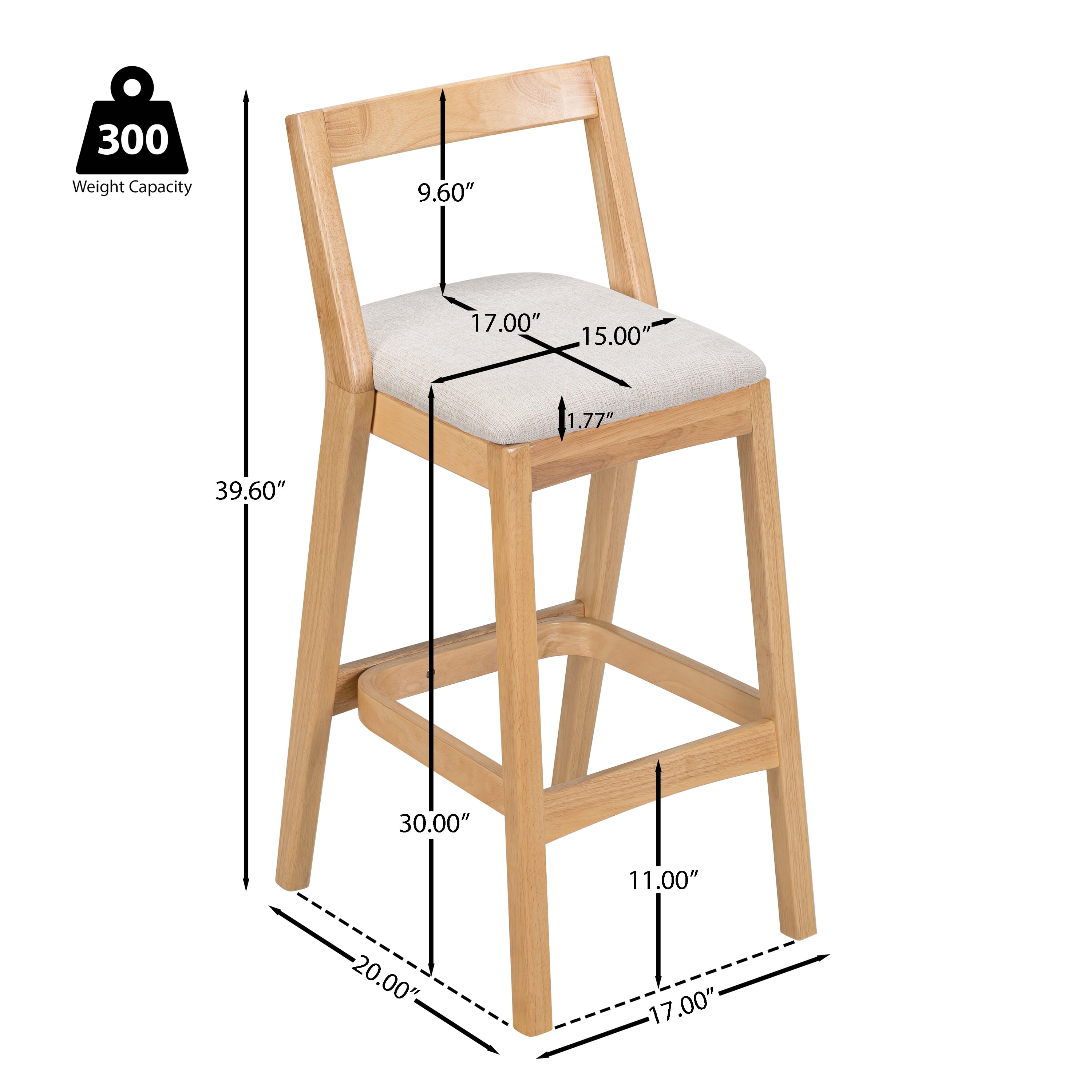 Counter Height Bar Stools, Rubberwood Stools with Beige Polyester Fabric Seat and Natural Wood Finish, Rustic Dining Stools for Kitchen, Pub, Dining Room, Set of 2
