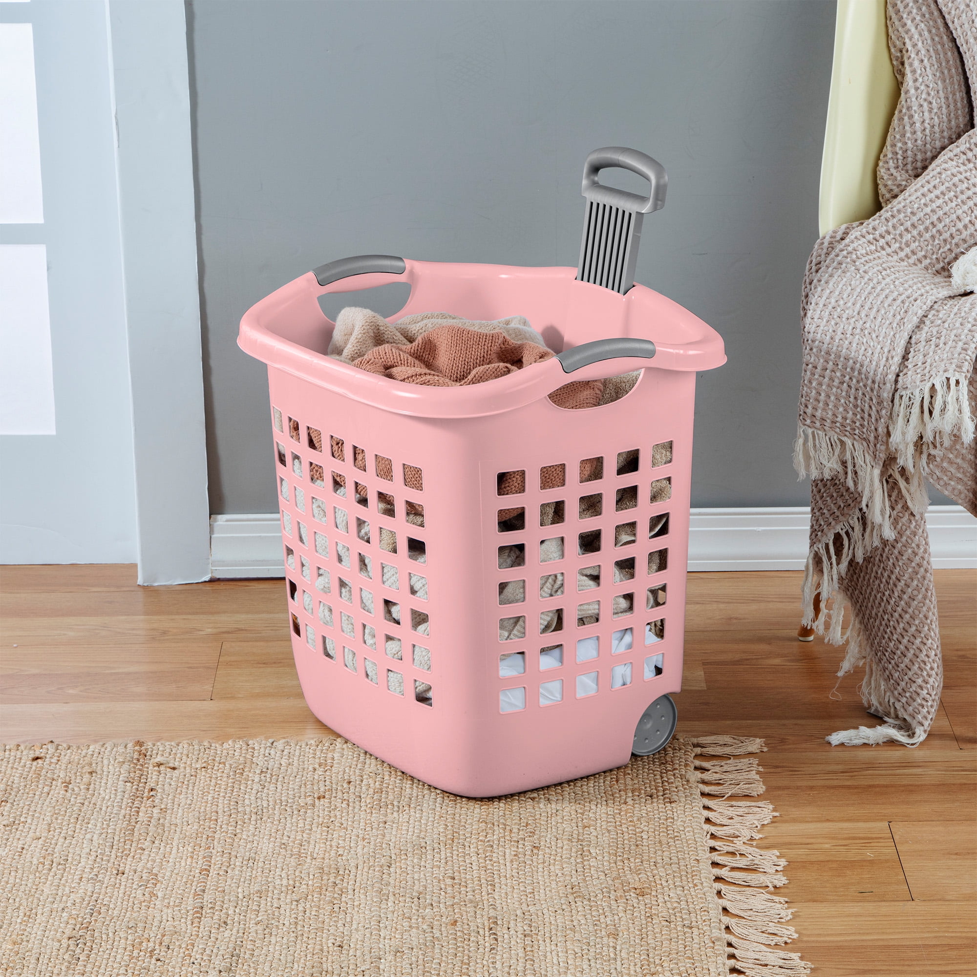 Sterilite Ultra Wheeled Laundry Basket, 1.7 Bushel with Handles, Pink Frost, 4 Pack