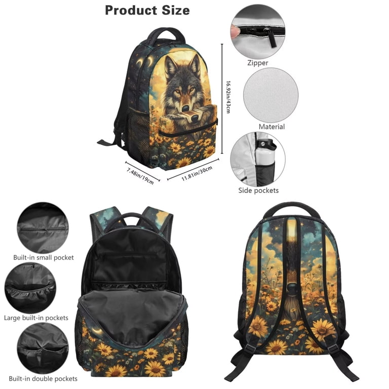 backpack with lunch compartment water bottle holder and laptop sleeve Jeiento Sunflower Wolf Backpack for Girls 10-12,5-Piece Set with Matching Lunch Bag Pencil Pouch Water Bottle Holder Key Chain,17 inch Lightweight