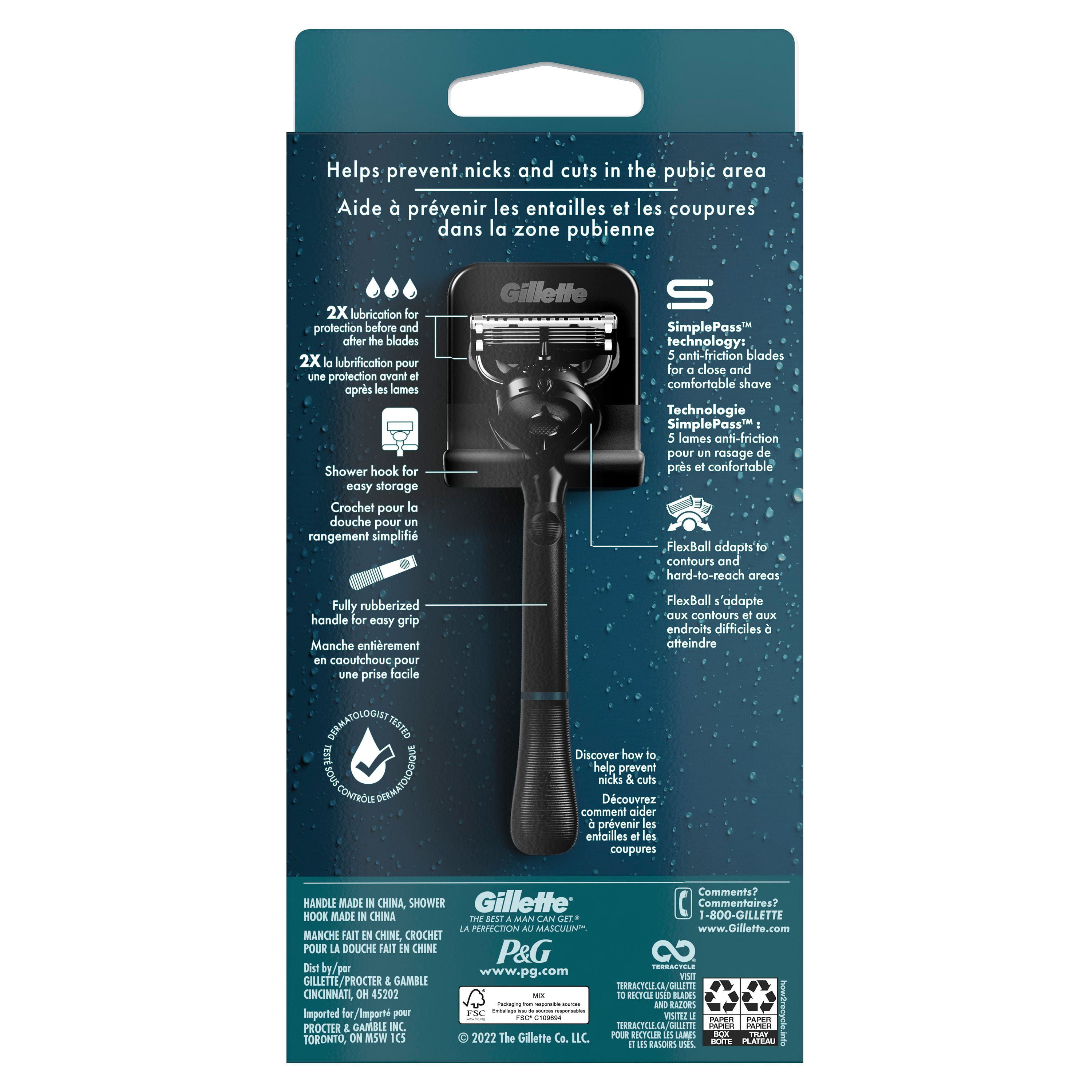 Rasoir pour poils pubiens pour hommes Gillette Intimate, rasoir pour poils pubiens et rasage corporel pour homme, doux et facile à utiliser, conçu pour les poils pubiens, 1manche de rasoir, 2cartouche 1CT