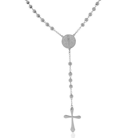 EDFORCE Stainless Steel Silver-Tone St. Benedict Religious Cross Rosary Beads Necklace, 22"