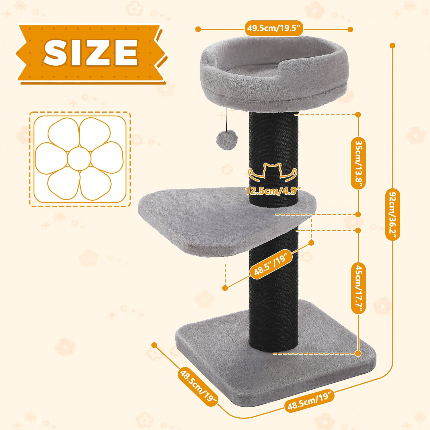 PEQULTI 36" Large Cat Scratching Post Tall Cat Scratcher for Indoor Pet  with Flower Perch Gray