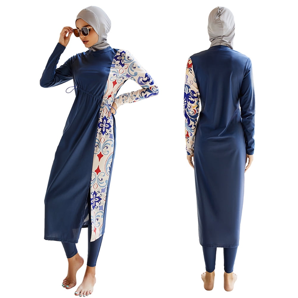 IBTOM CASTLE Muslim Swimsuits for Women Modest Islamic Arabic Swimwear Burkini Full Cover Hijab Top Pants Swimming Cap Bathing Suits XL Dark Blue Floral