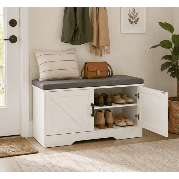 CONCETTA 39 Inch Width White Storage Bench, Padded Seat Entryway Shoe Bench Featuring 4 Barn Doors and Adjustable Storage Shelf