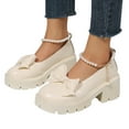 thumbnail image 3 of Xiaoxatg Ladies British Fashion Solid Leather Bowknot Pearl Buckle High Heel Casual for Women 8 Beige, 3 of 9