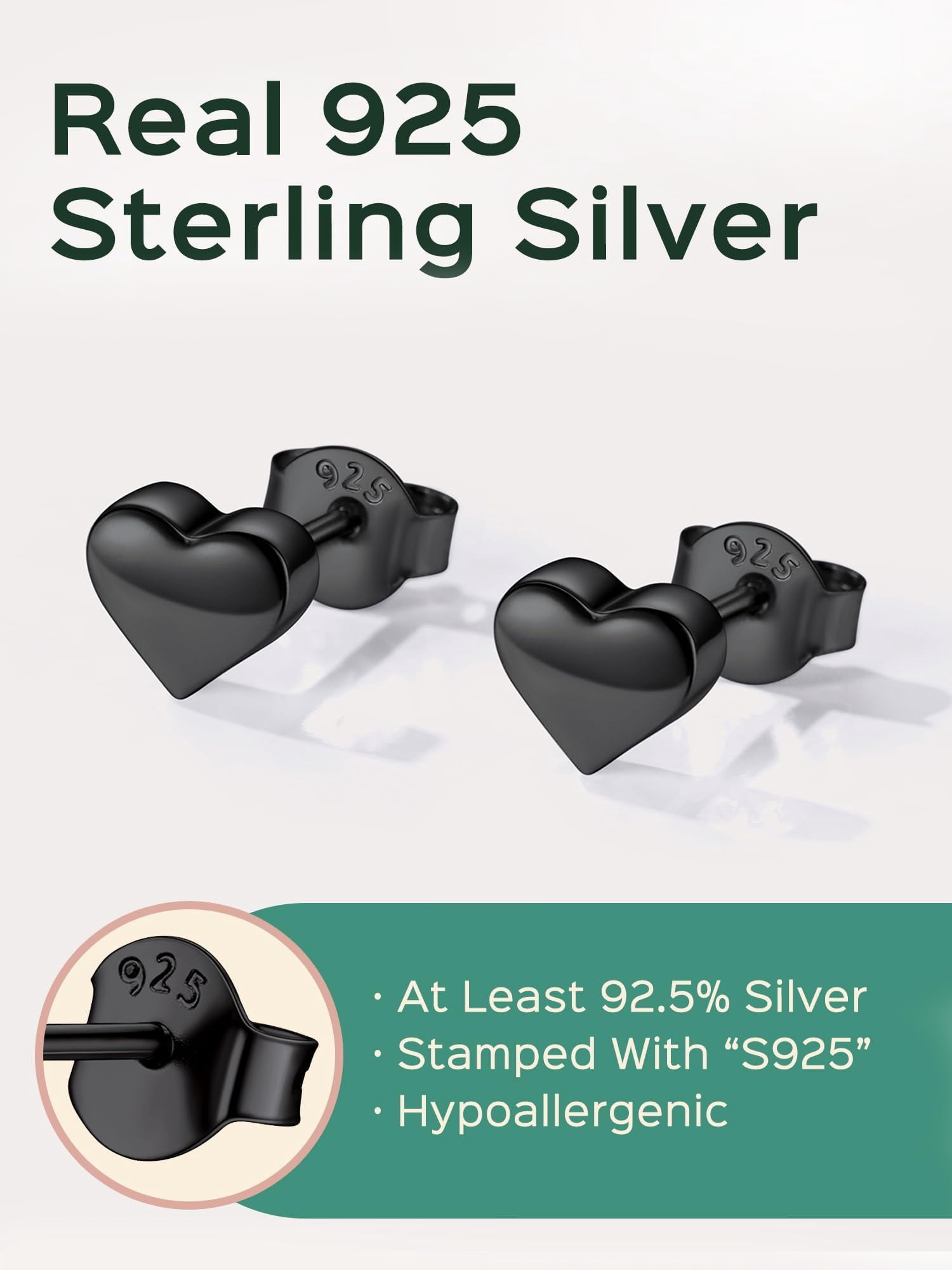 ChicSilver Hypoallergenic 925 Sterling Silver Stud Earrings for Women Jewelry with Screw Back Heart Earrings for Sensitive Ears Valentines Mother's Day Birthday Gifts