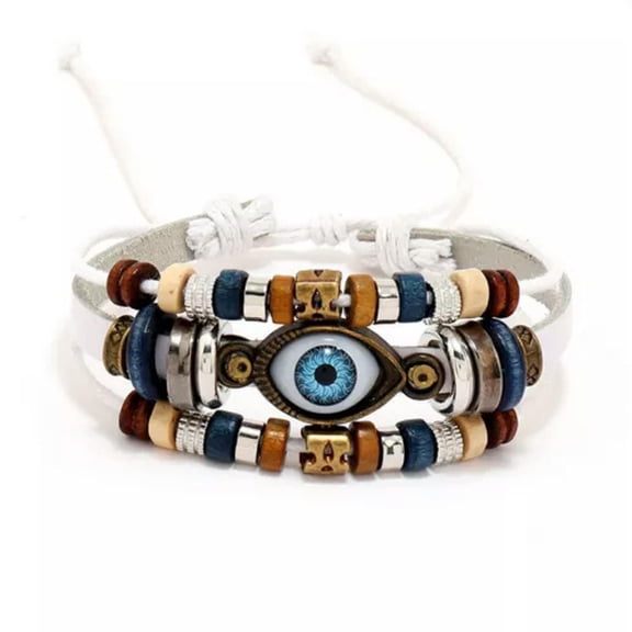 EOEMY Leather Braided Beaded Multi-Layer Evil Eye Wristband Bangle Prayer Amulet Gift-White Leather