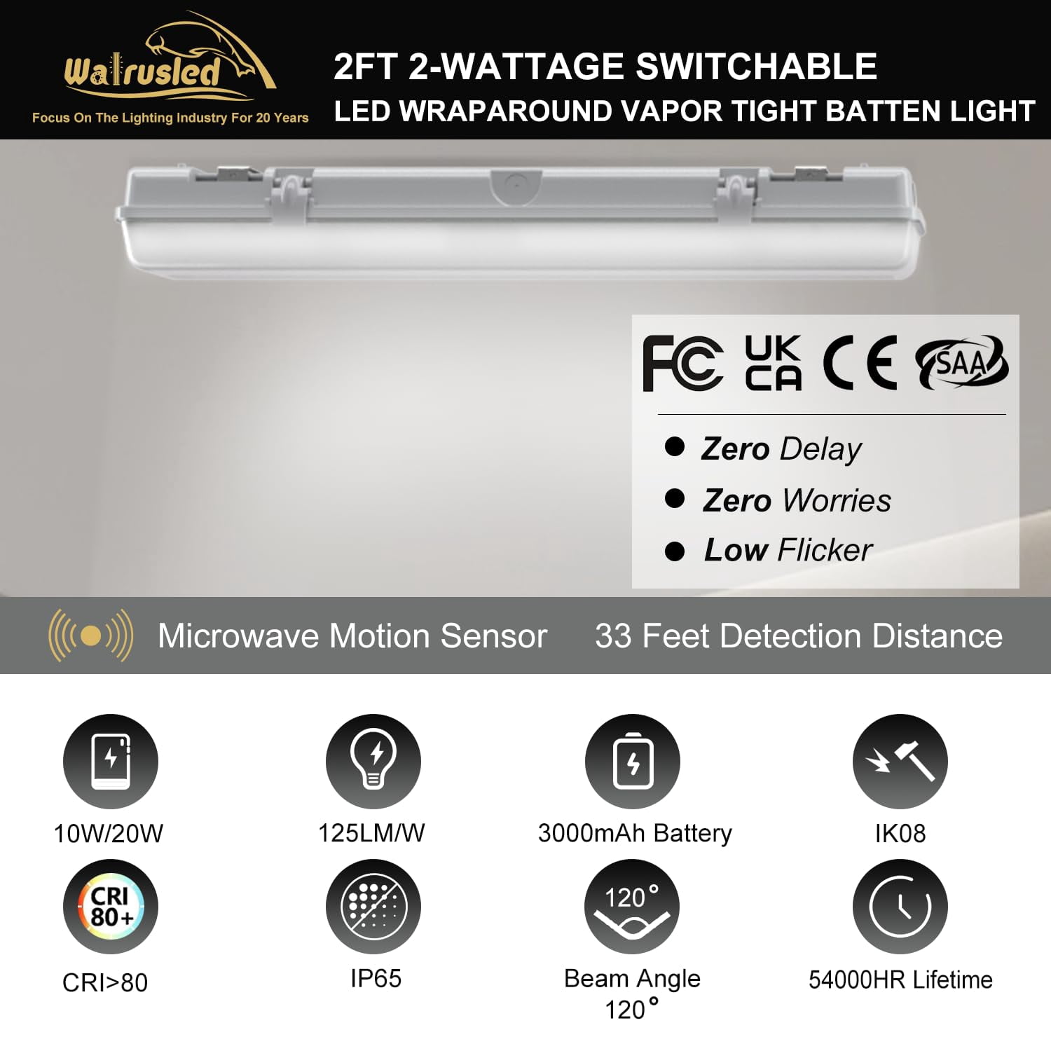 2FT Tri-Level Motion Sensor LED Vapor Tight Emergency Light, Battery Backup, IP65 IK08, 10W(1250lm)/20W(2500lm),5000K, Dimmable,Outdoor Waterproof Shop Light,Vapor Proof Light Fixture for Carport,FCC