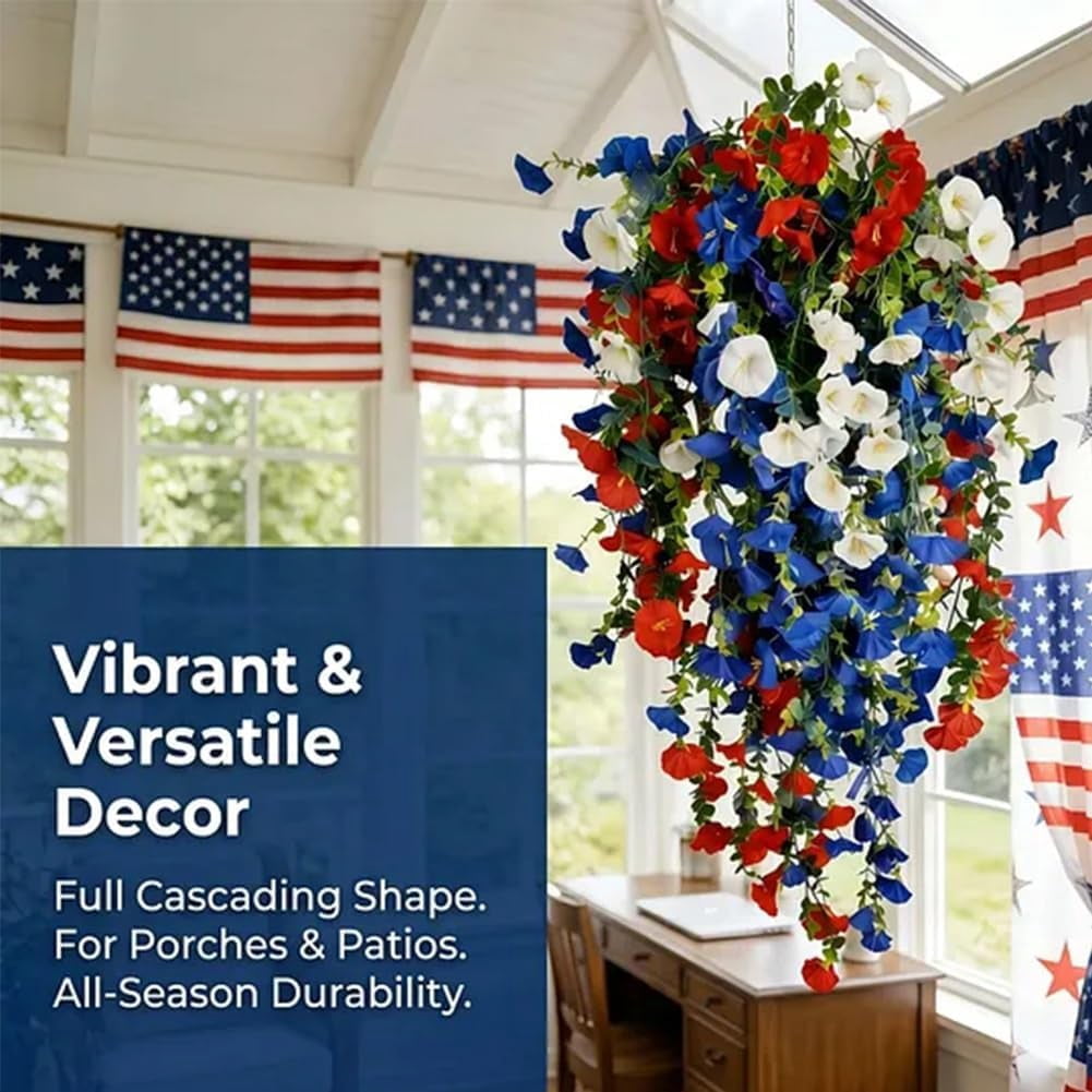 Patriotic Hanging Flower Baskets 2pcs Red White Blue Artificial Flowers Outdoor Fake Porch Trailing Flowers For 250th Anniversary Decor (2Pcs)