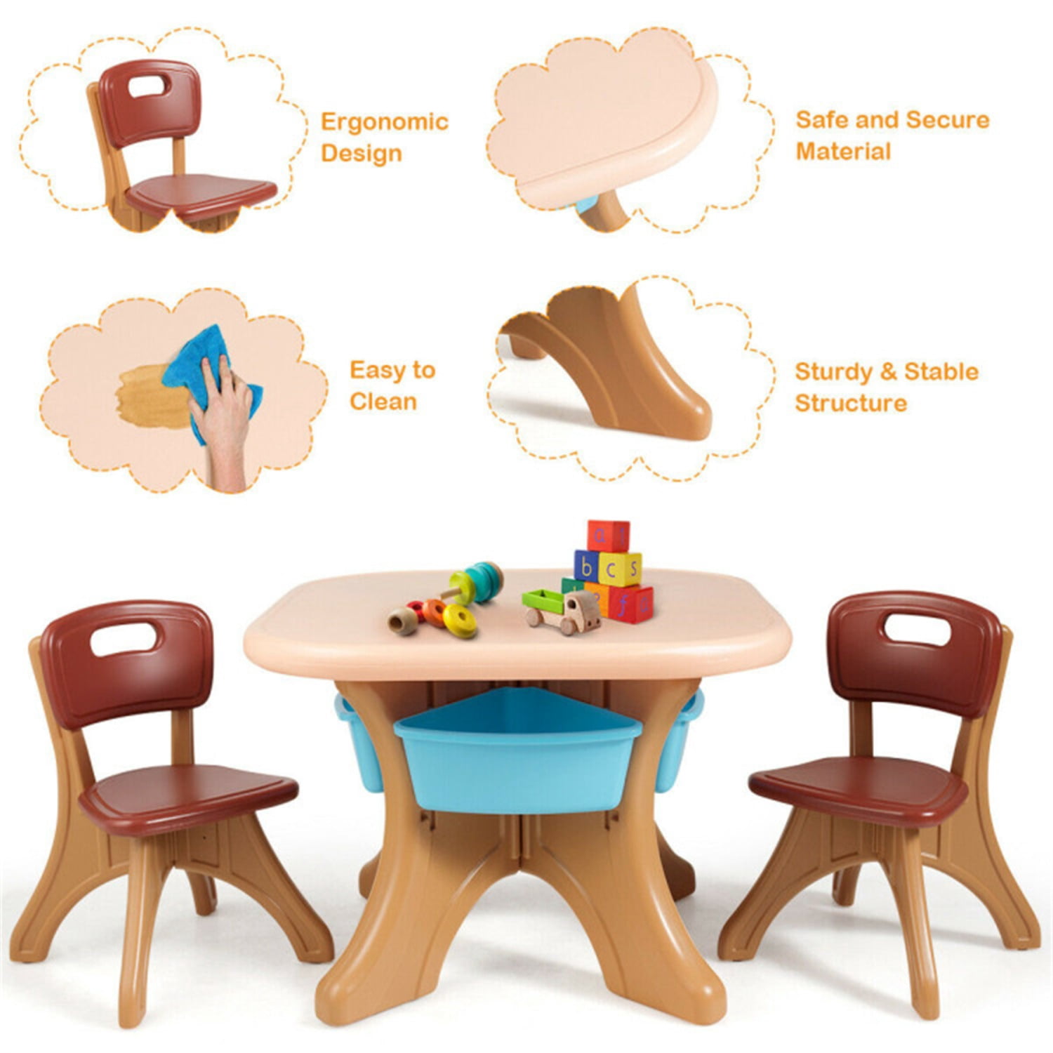 Brown Kids Table and 2 Chairs Set with 4 Storage Boxes, Toddler Activity Table for Drawing Playing Eating, Children Furniture for Indoor Outdoor