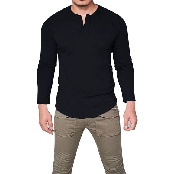 Pxiakgy t shirts for men Men's Round Neck Cotton Solid Button Long Sleeved T Shirt Casual Bottom Shirt mens t shirts mens tops Black L