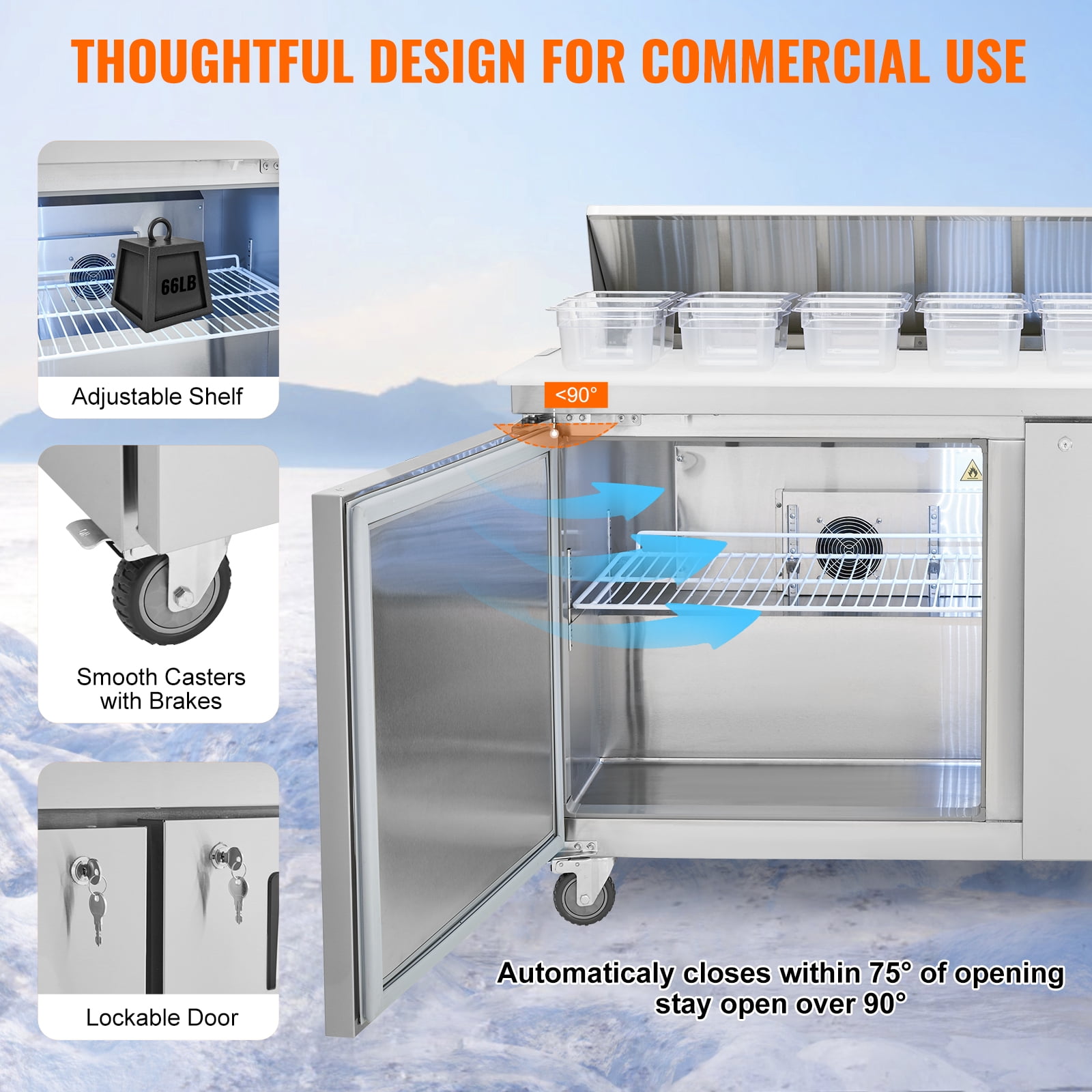 KFFKFF 60" Professional Fridge for Sandwich & Salad Preparation, 16.4 Cu. Ft Stainless Steel Chilled Food Preparation Area with 16 Trays, Cutting Board, Defrosting Refrigerator with Lock