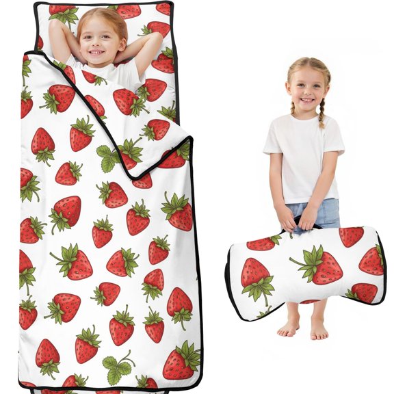 Strawberry and Dot White Pattern Teens Toddler Nap Mat with Pillow, Sleeping Mat Bag for Preschool Daycare 59"x22"