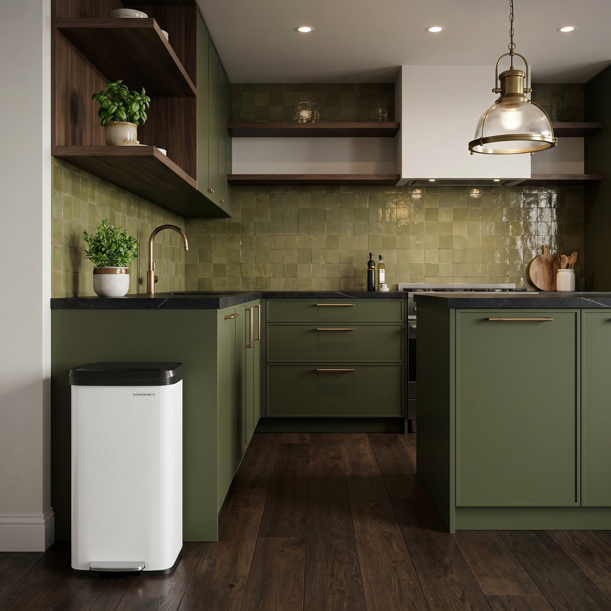 White Trash Can with Lid, Freestanding Kitchen Garbage Bin with Removable Inner Bucket