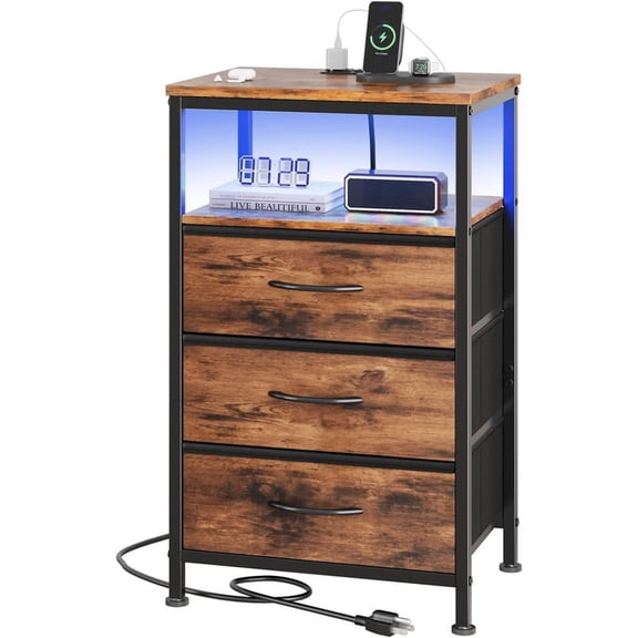 Simenmax Nightstand with Charging Station & LED Lights, 3 Drawer Bedside Table with Variable Light Strip, Modern Industrial Bedroom Furniture, Brown