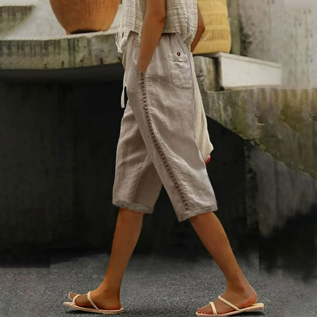 Babysbule 2024 Womens Drawstring High Waist Half Shorts Summer Elastic Stretchy Breathable Cotton Linen Pants With Pocket