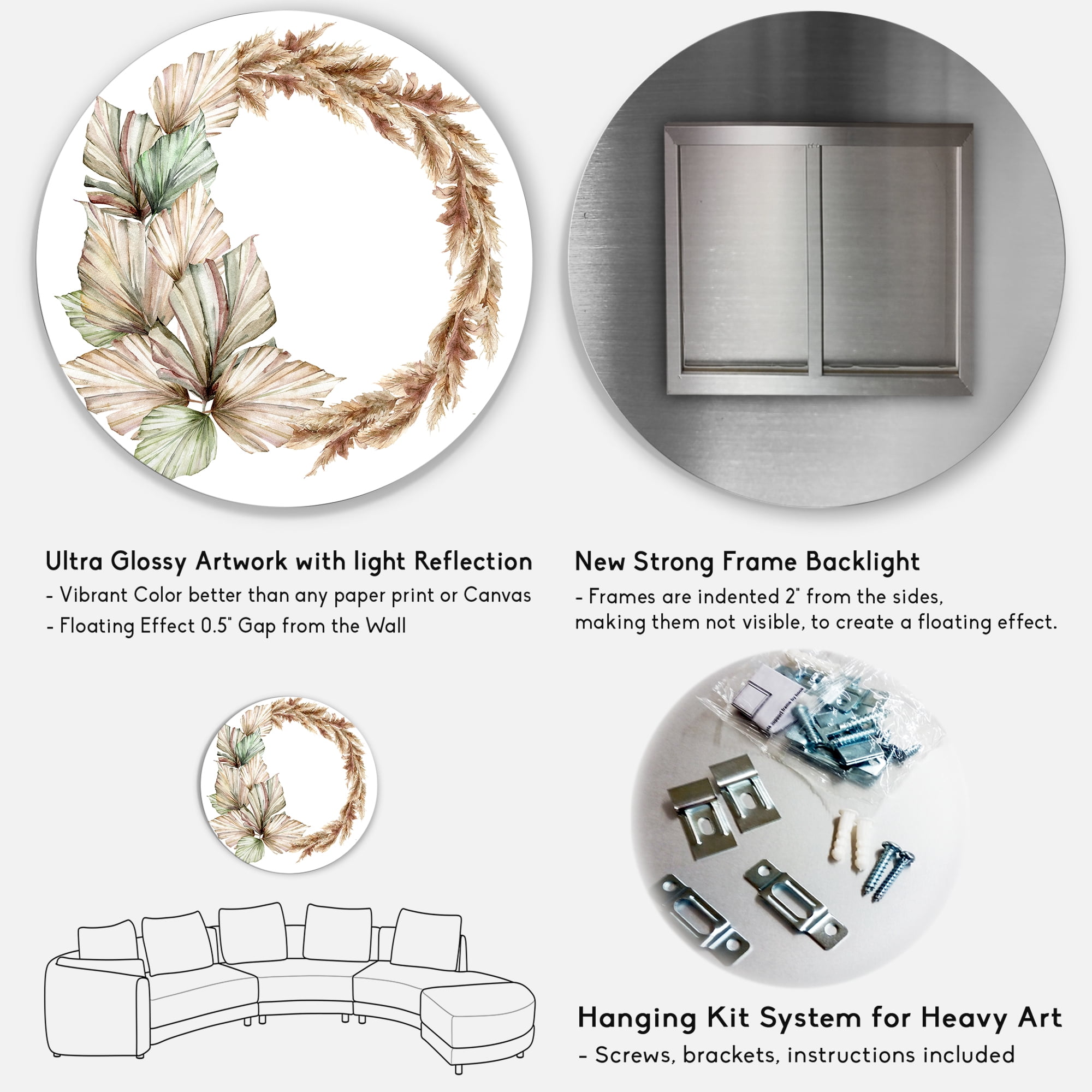 Designart 'Dry Palm Leaves and Pampas Grass With Wreath' Traditional Circle Metal Wall Art 23x23 - Disc of 23