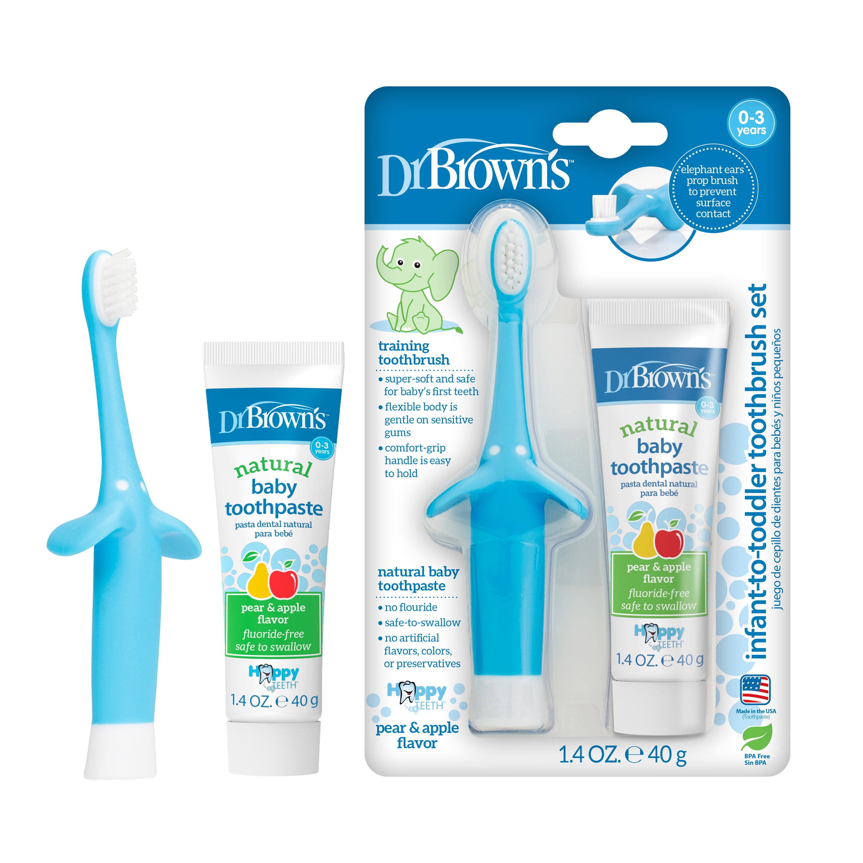 Dr. Brown's Infant-to-Toddler Training Toothbrush Set with Pear & Apple Fluoride-Free Toothpaste 1.4 oz, Soft for Baby's First Teeth, Blue  Elephant, 0-3 Years