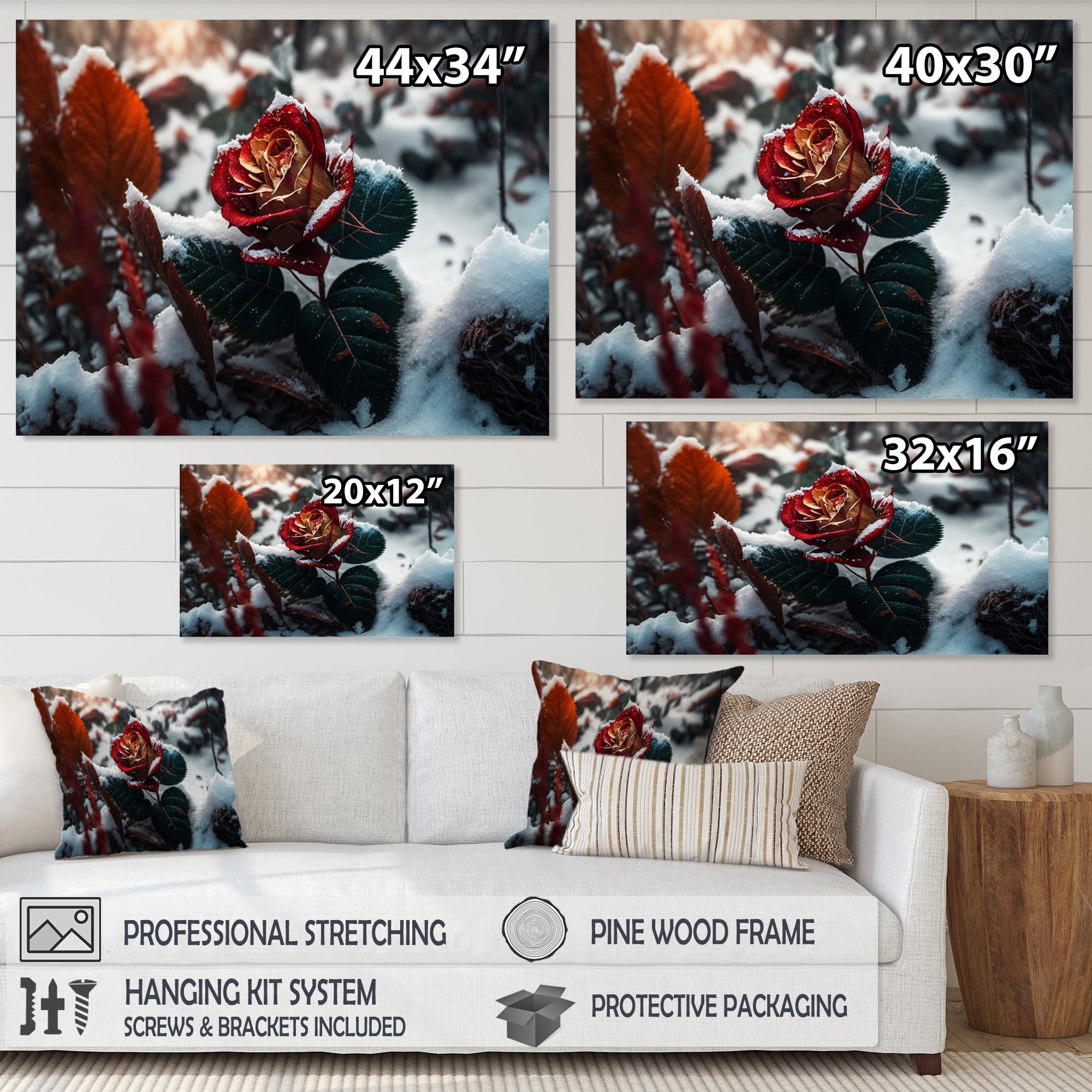 Designart A Blooming Red Rose Flower In Winter III Canvas Wall Art