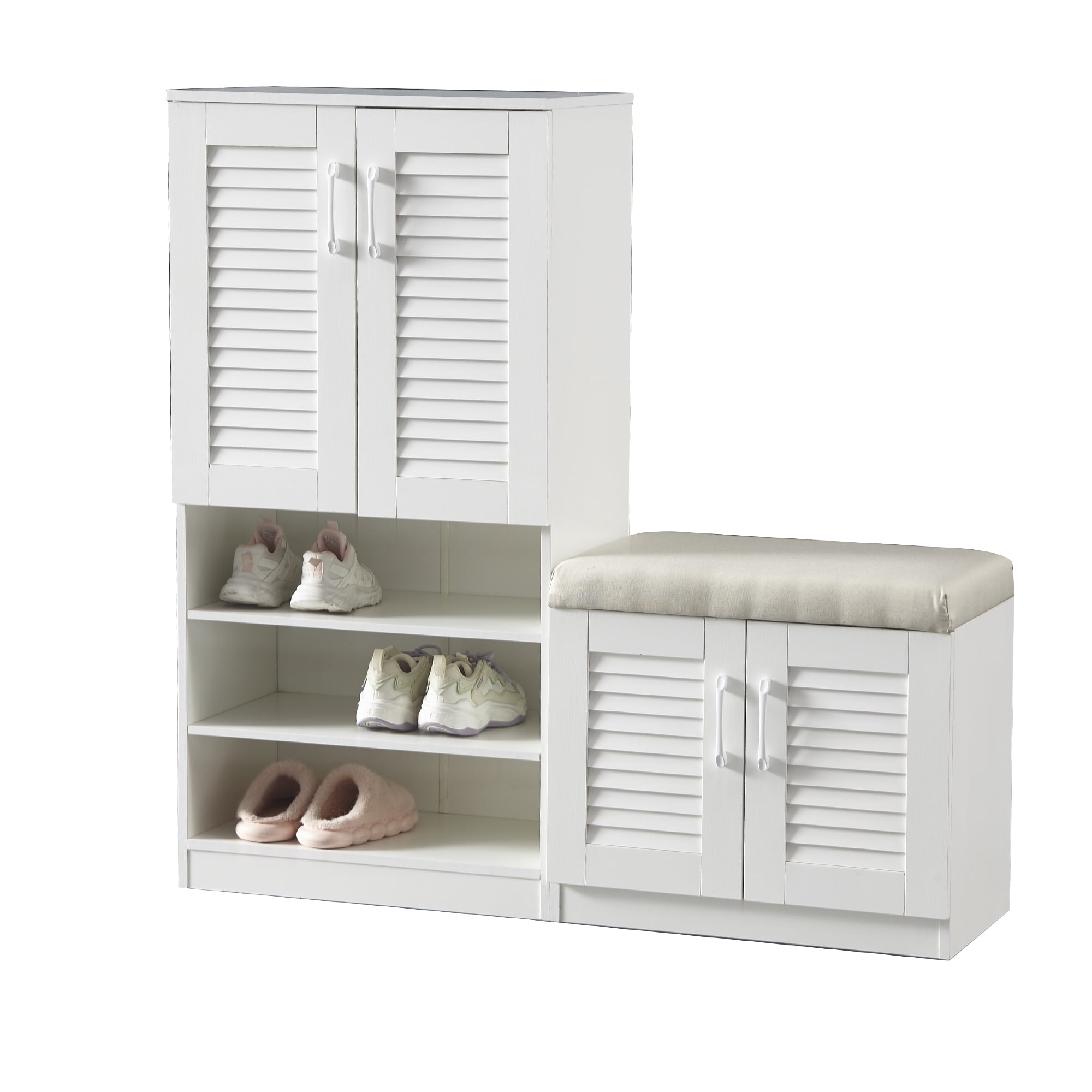Shoe Storage Cabinet with Bench and 7+3 Adjustable Shelves, Entryway Shoe Rack and Hallway Organizer with Cushioned Seat for Home, White