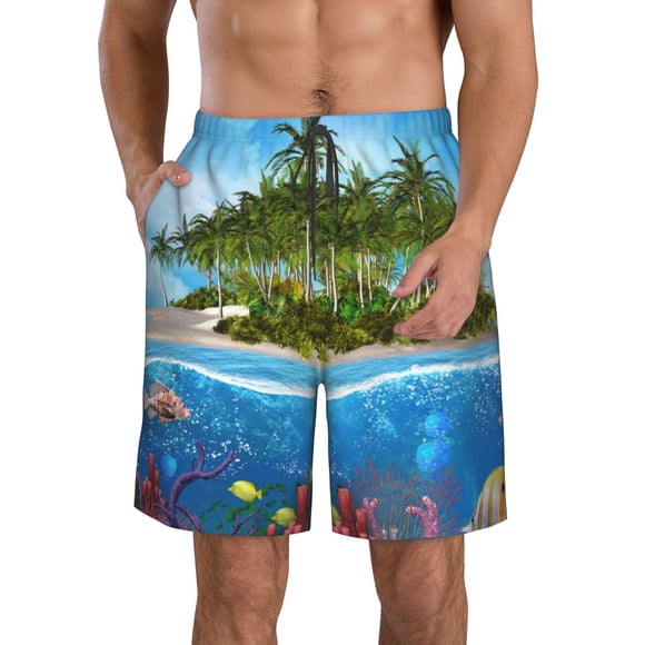 Sikiie Short de Plage pour Homme à Imprimé Île et Récif de Corail, Short à Haute Élasticité à Séchage Rapide - avec Cordon de Serrage et Poches Antidérapantes, Convient à la Plage, aux Sports, aux Vacances - Petit