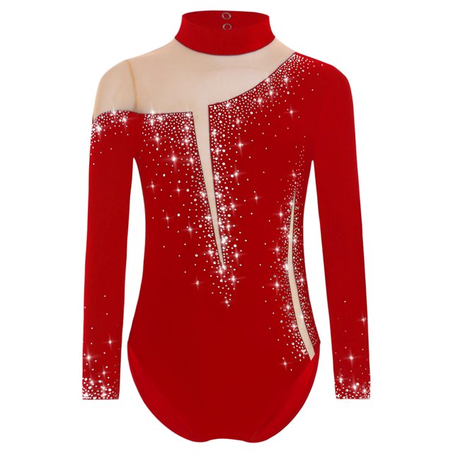Hansber Gymnastic Leotard for Girls Shiny Rhinestones Ballet Mesh Splice Long Sleeve Figure Skating Burgundy 6