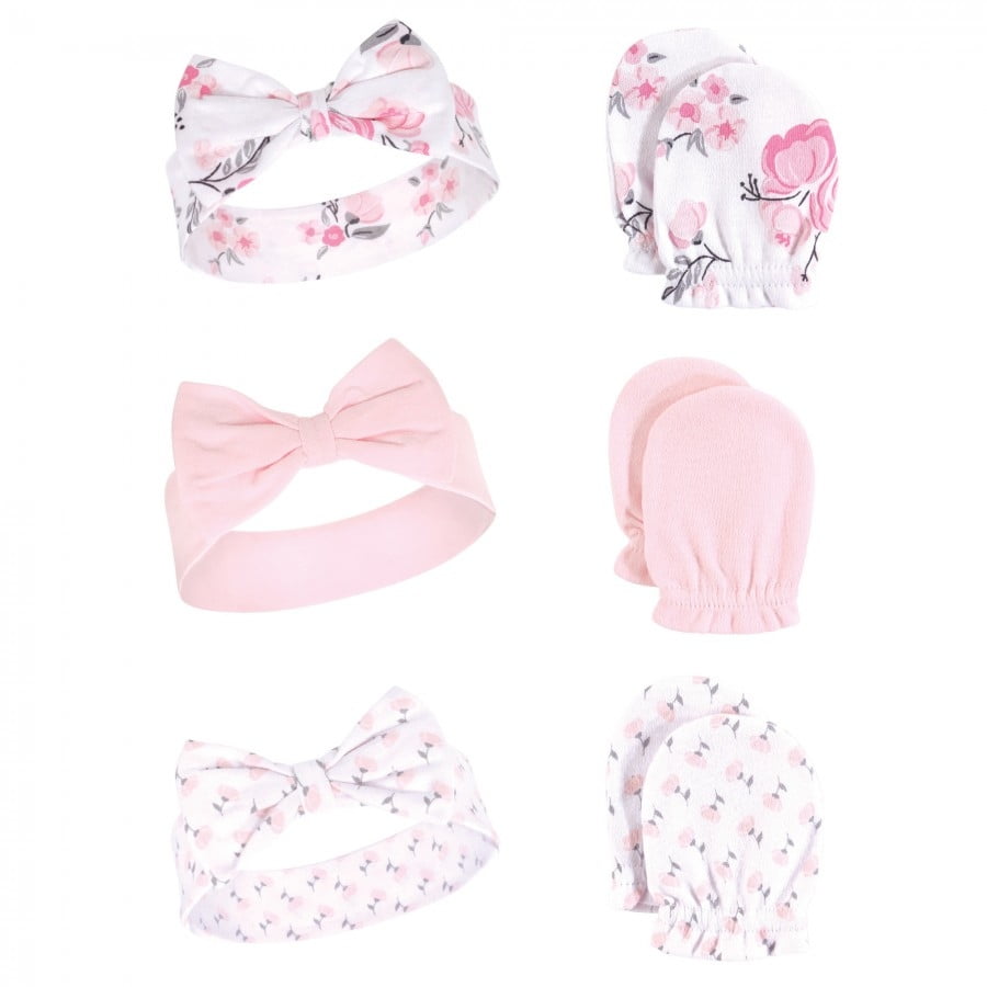 Hudson Baby Infant Girl Cotton Headband and Scratch Mitten 6pc Set, Pink Floral, 0-6 Months